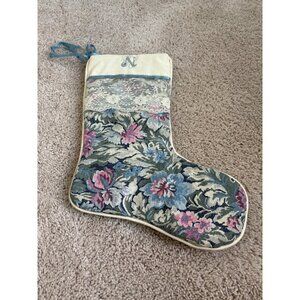 Floral Handmade Christmas Stocking With Lace Trim & Needlepoint letter‎ N